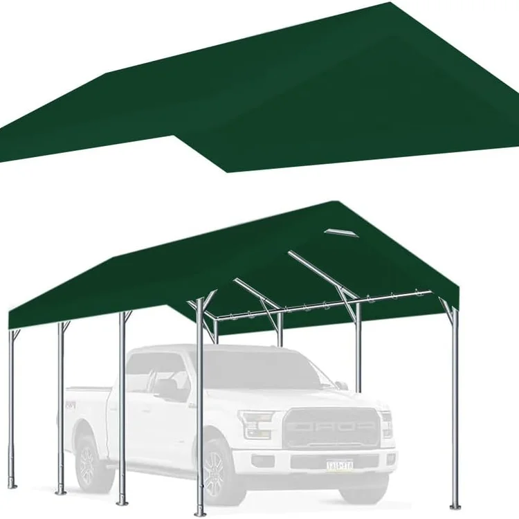 Green carport canopy with metal frame sheltering a white pickup truck