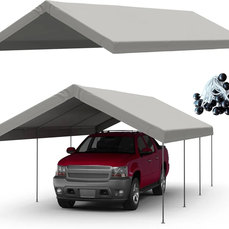Carport canopy providing shelter for a red truck in outdoor setting