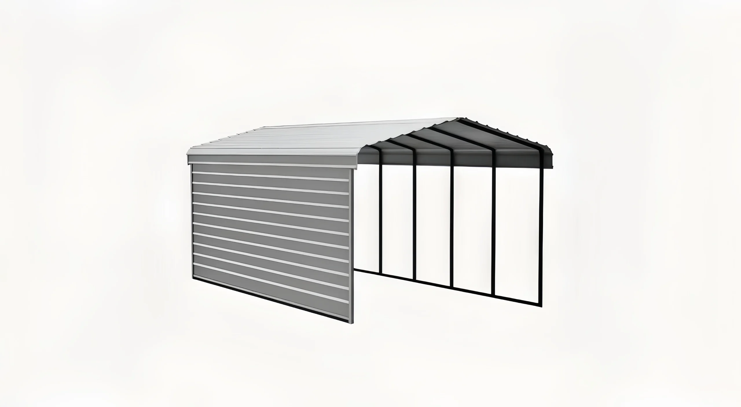 Gray carport canopy with a metal frame and open side for vehicle protection