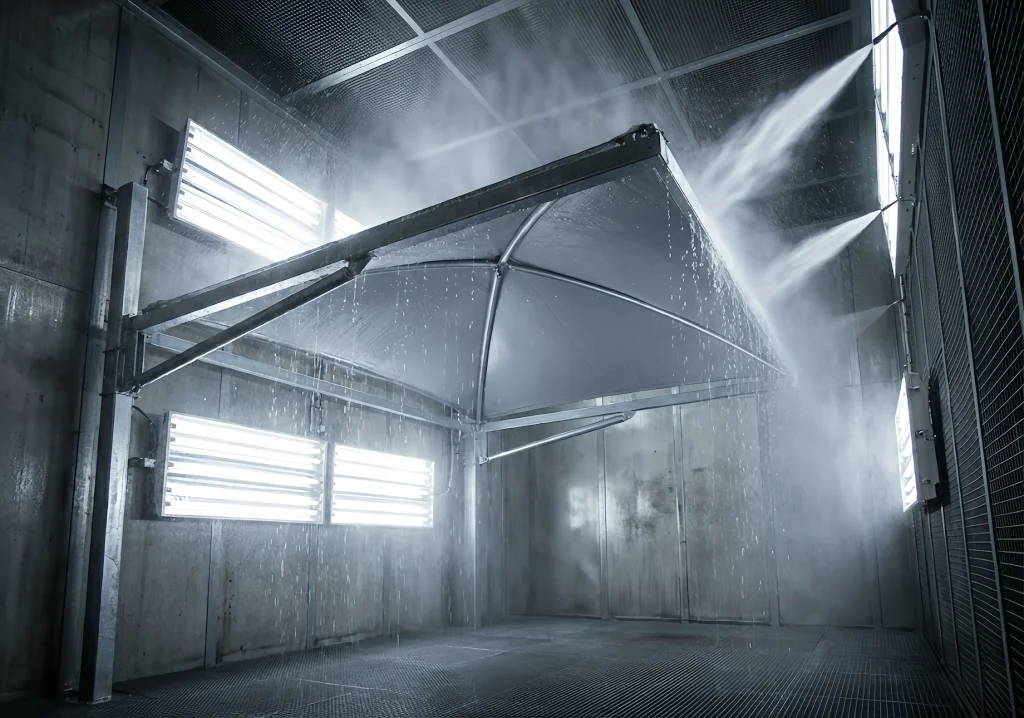 Carport canopy being tested under water spray in a controlled environment