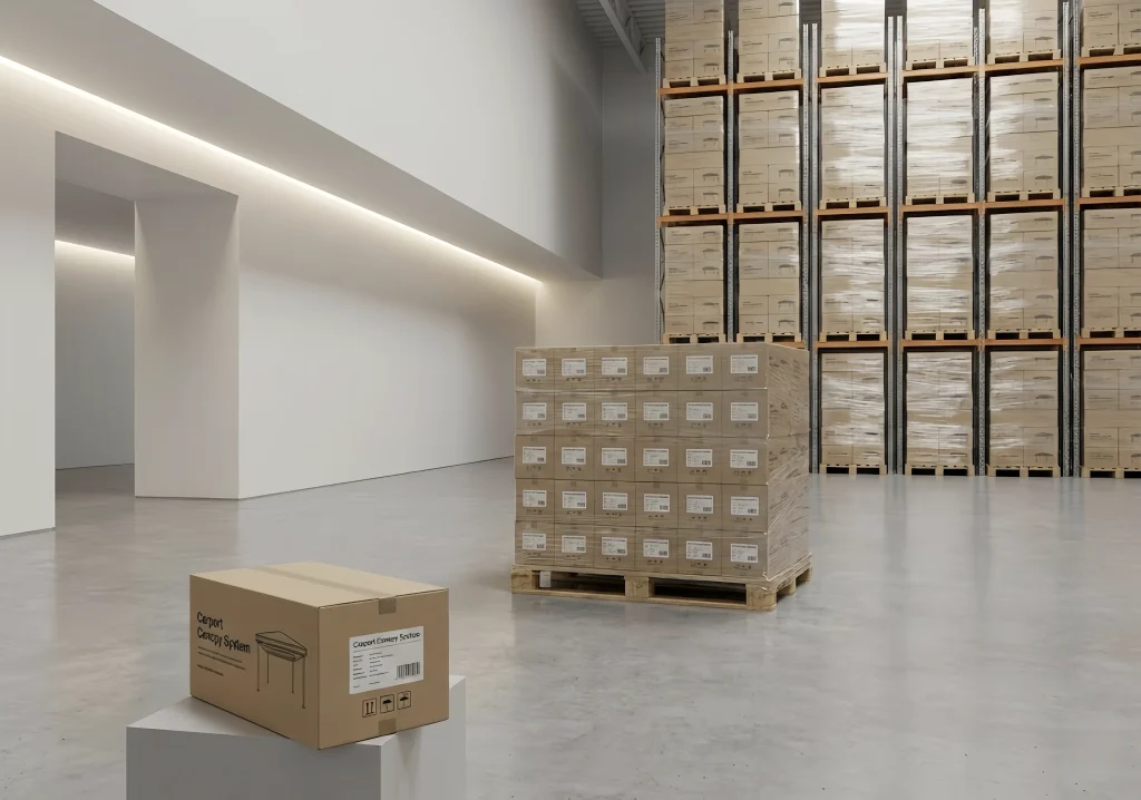 Carport canopy boxes stacked in a modern warehouse setting