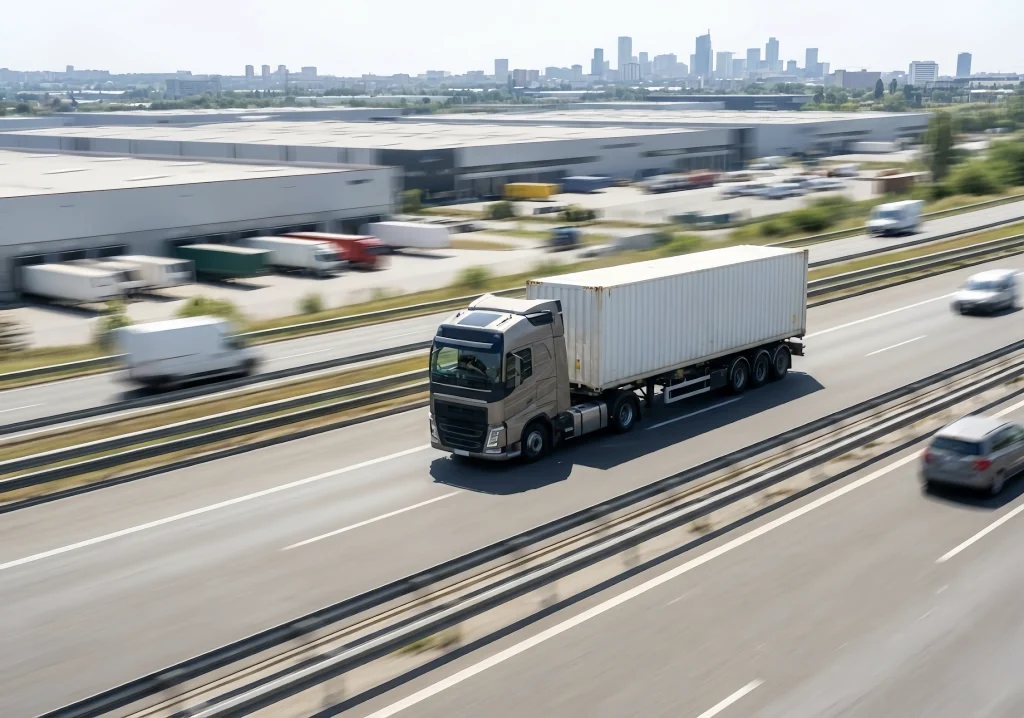 Large truck transporting cargo on highway near industrial area