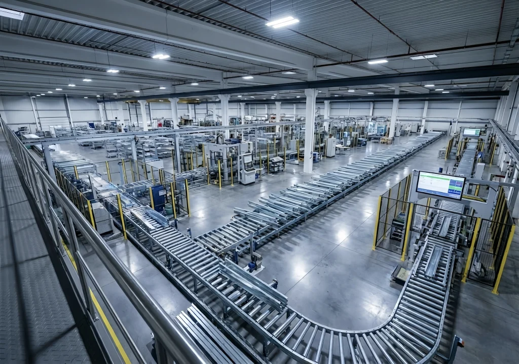 Large industrial warehouse with conveyor system for carport canopy assembly