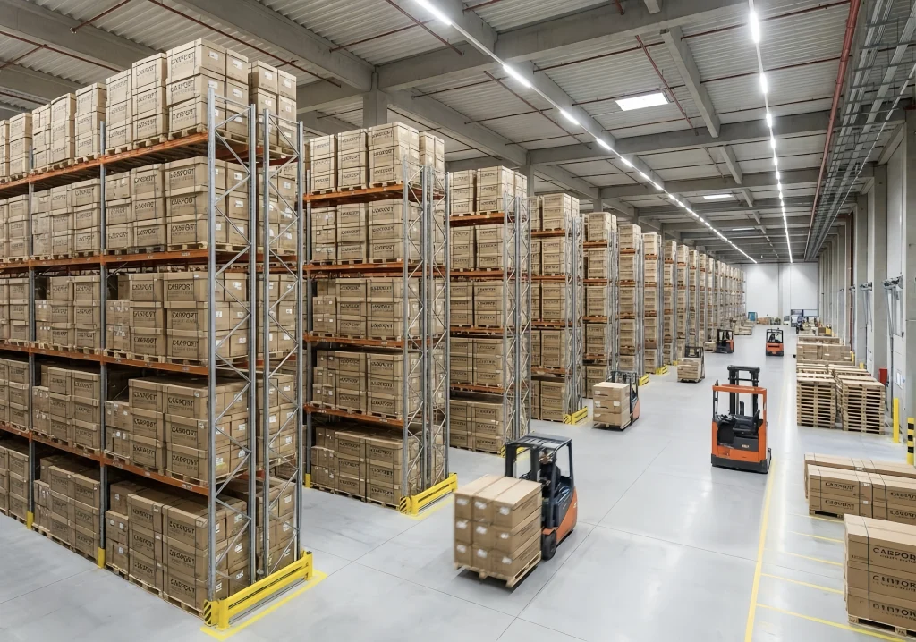 Warehouse interior with stacked boxes of carport canopies on shelves
