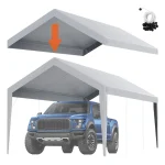 Carport canopy sheltering a blue truck with a peaked roof design
