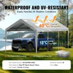 Carport canopy in grey, waterproof and UV-resistant, set up outdoors with a truck nearby.