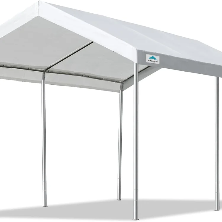 White carport canopy with a peaked roof and silver metal frame