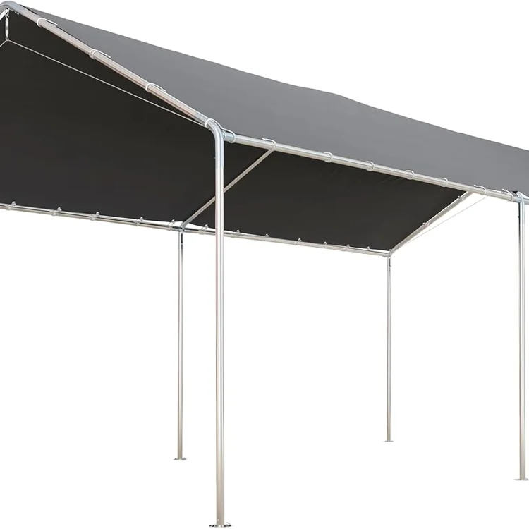 Carport canopy with a black cover and sturdy metal frame.