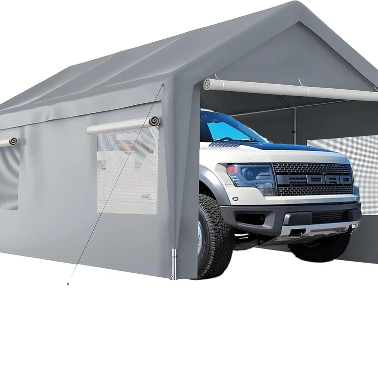 Carport canopy sheltering a truck with side mesh panels for ventilation