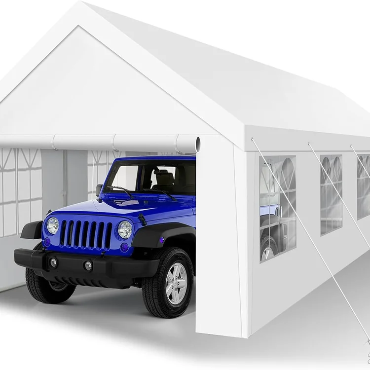 Carport canopy sheltering a blue Jeep with windows and a white roof