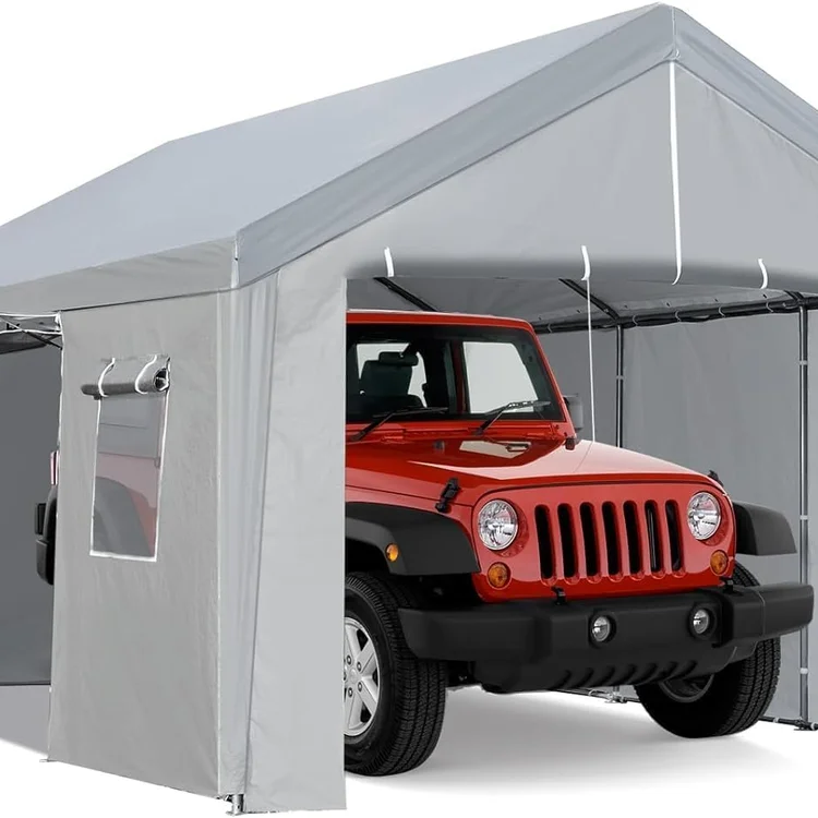 Carport canopy sheltering a red Jeep with open side entrance