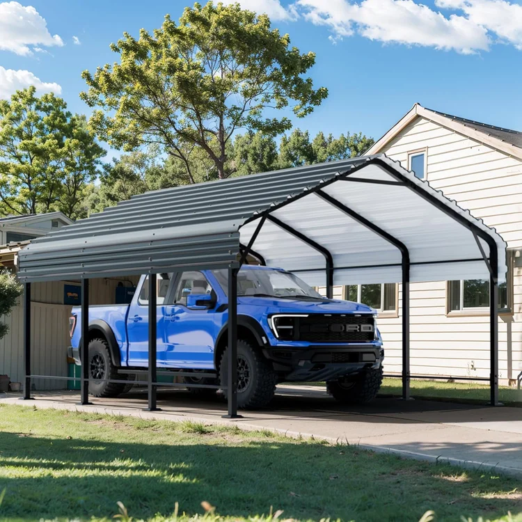Carport canopy sheltering a blue truck in a residential driveway