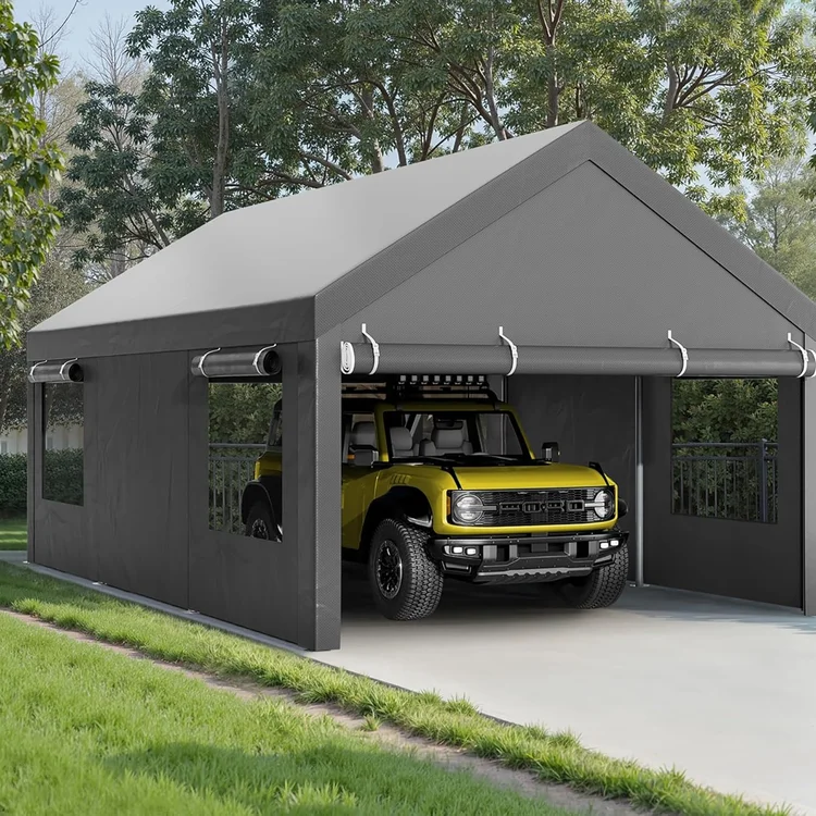 Carport canopy sheltering a yellow SUV in a landscaped yard