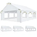 White carport canopy with floral decorations and large windows for outdoor events