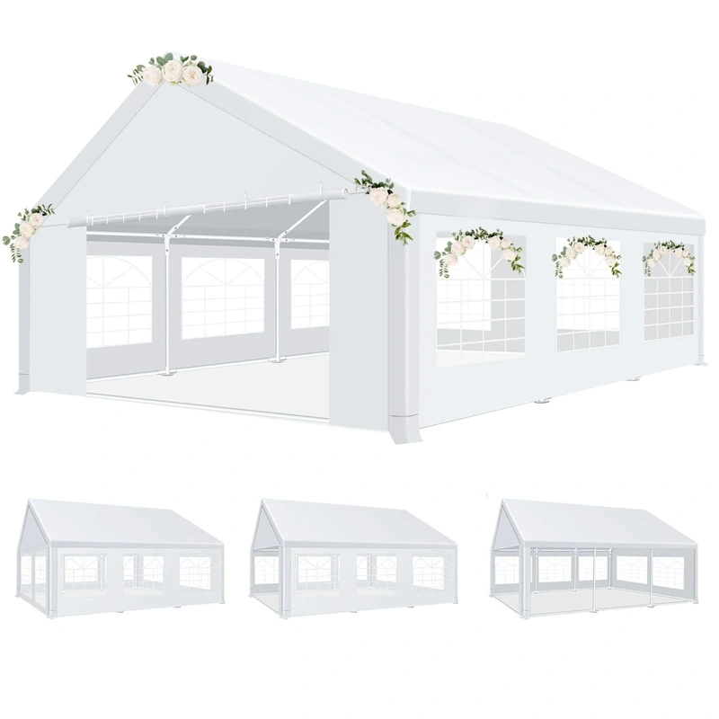 heavy-duty-carportcanopy-with-sidewalls-banner-1 White carport canopy with floral decorations and large windows for outdoor events