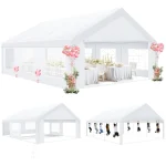 White carport canopy set up for an outdoor event with tables and decorations