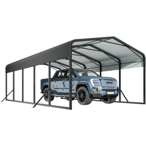 Carport canopy sheltering a blue truck with a modern design