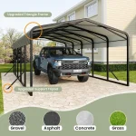 Carport canopy sheltering a pickup truck on a gravel driveway