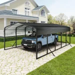 Carport canopy sheltering a blue truck in a residential driveway setting
