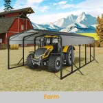 Carport canopy sheltering a yellow tractor in a farm setting with mountains.