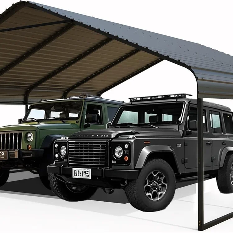 Carport canopy sheltering two off-road vehicles in a driveway setting