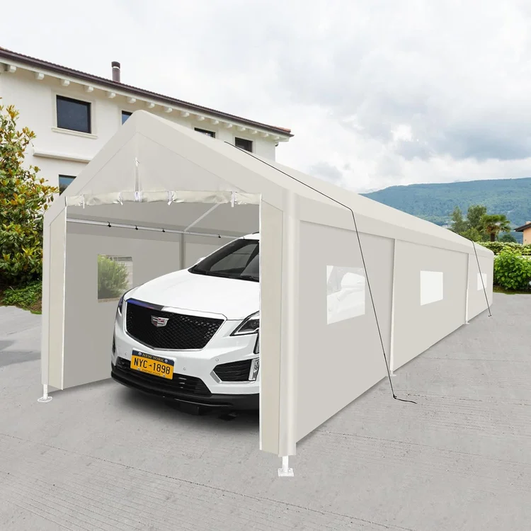 Carport canopy sheltering a white vehicle in a residential driveway