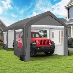 Carport canopy sheltering a red Jeep in a residential yard setting