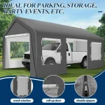 Carport canopy with roll-up door and mesh windows for parking and storage