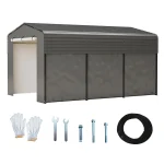 Carport canopy in gray with installation tools and accessories displayed nearby