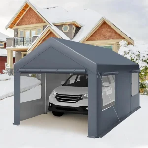 Carport canopy providing shelter for a car in snowy residential setting