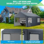 Carport canopy with roll-up door and double layer curtain design in backyard setting