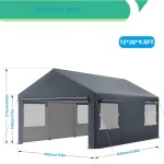 Carport canopy dimensions with gray cover and side panels displayed