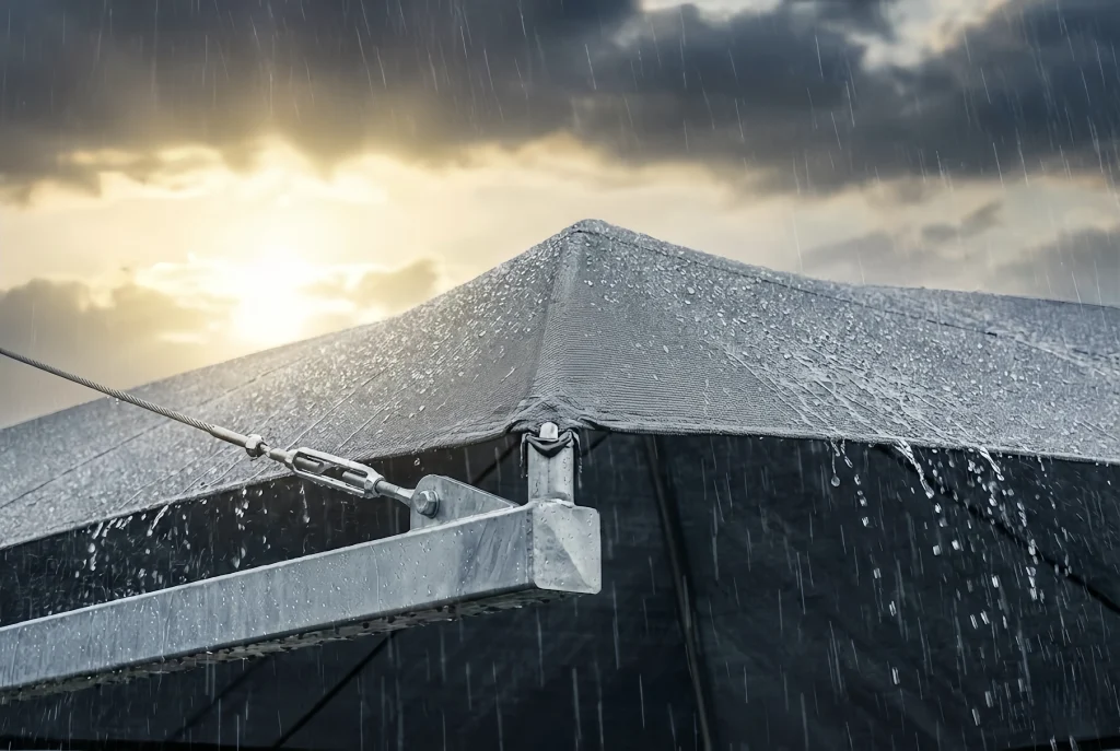 Carport canopy with water droplets during a rainstorm at sunset