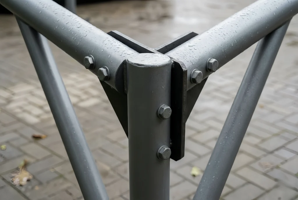 Metal support structure of a carport canopy with rain droplets on it